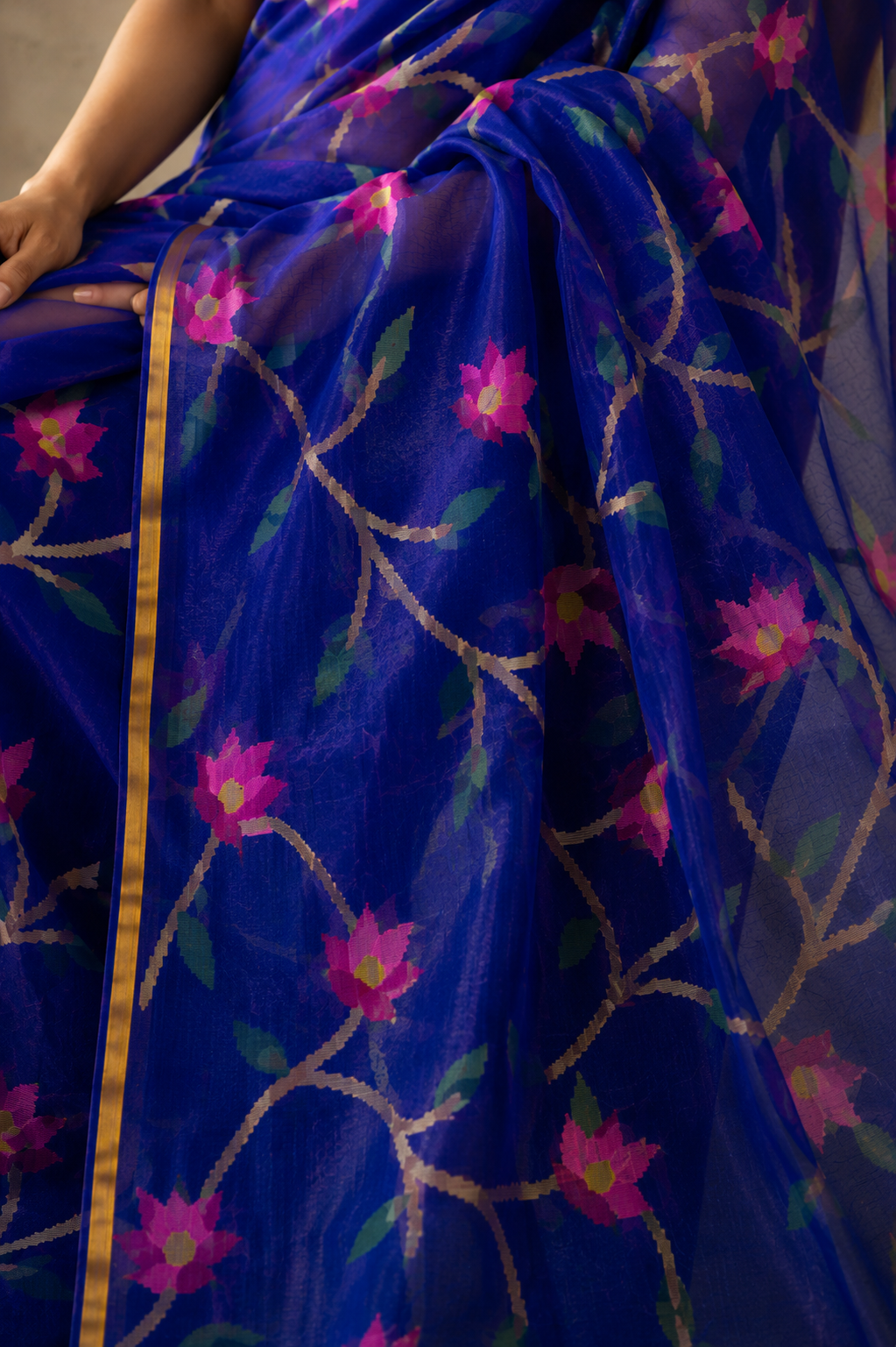 Cobalt blue handspun white resham paithni silk saree