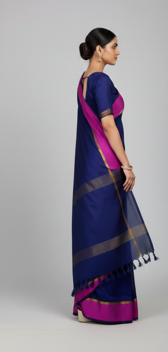 Navy blue mulmul cotton saree