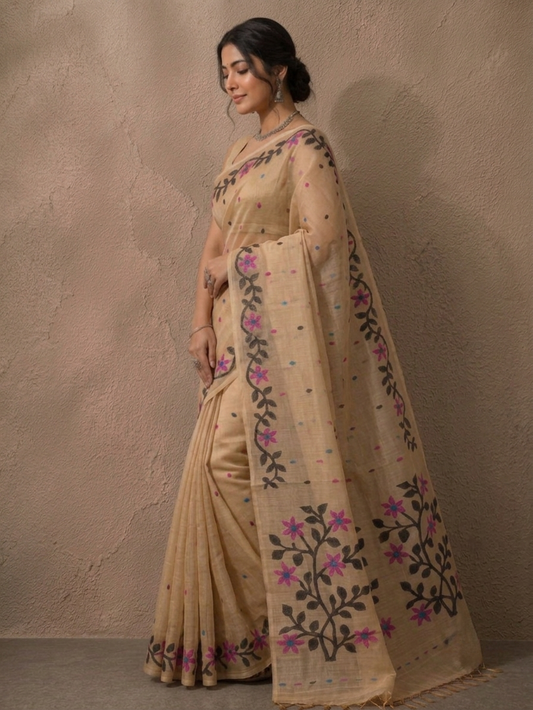 Beige jamdani resham silk saree