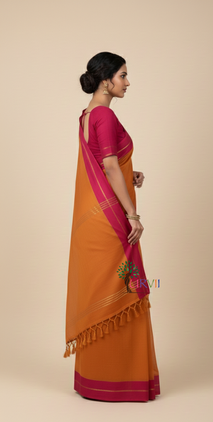 Orange mulmul cotton saree