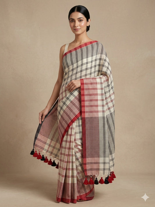 Black & red checkered mul cotton saree