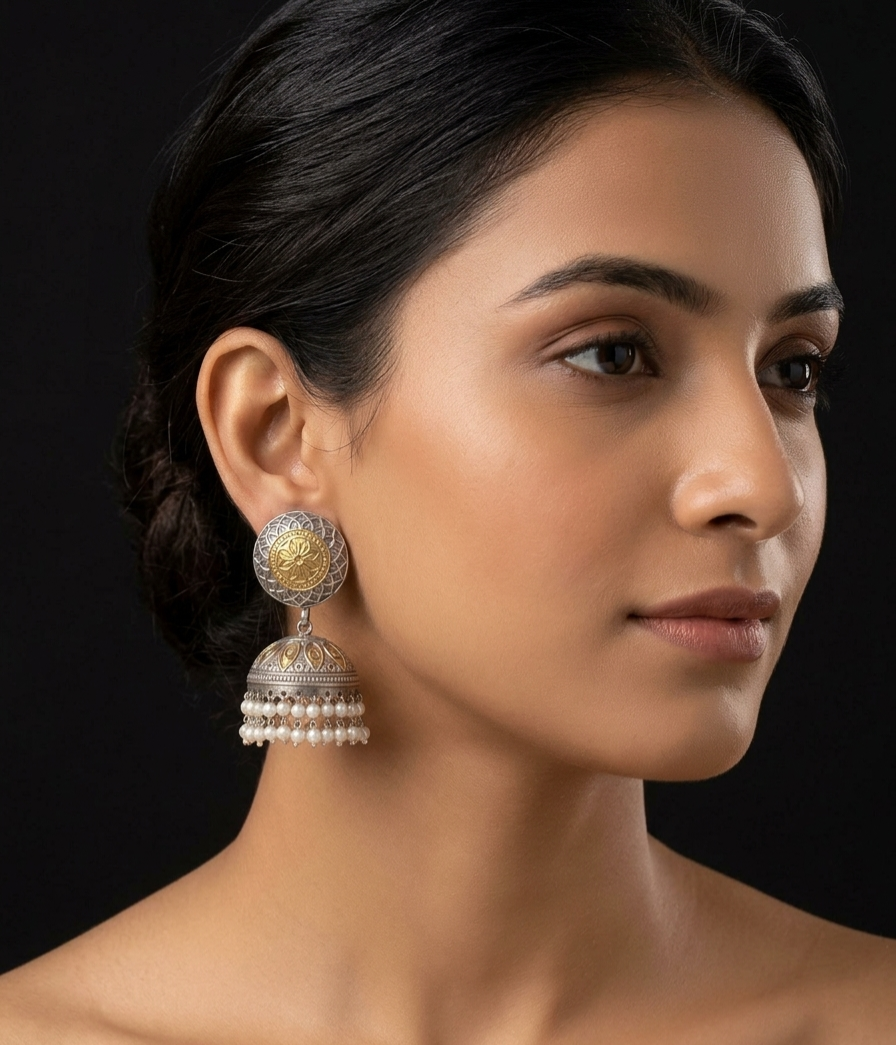 Dual tone big jhumka with pearl droplets