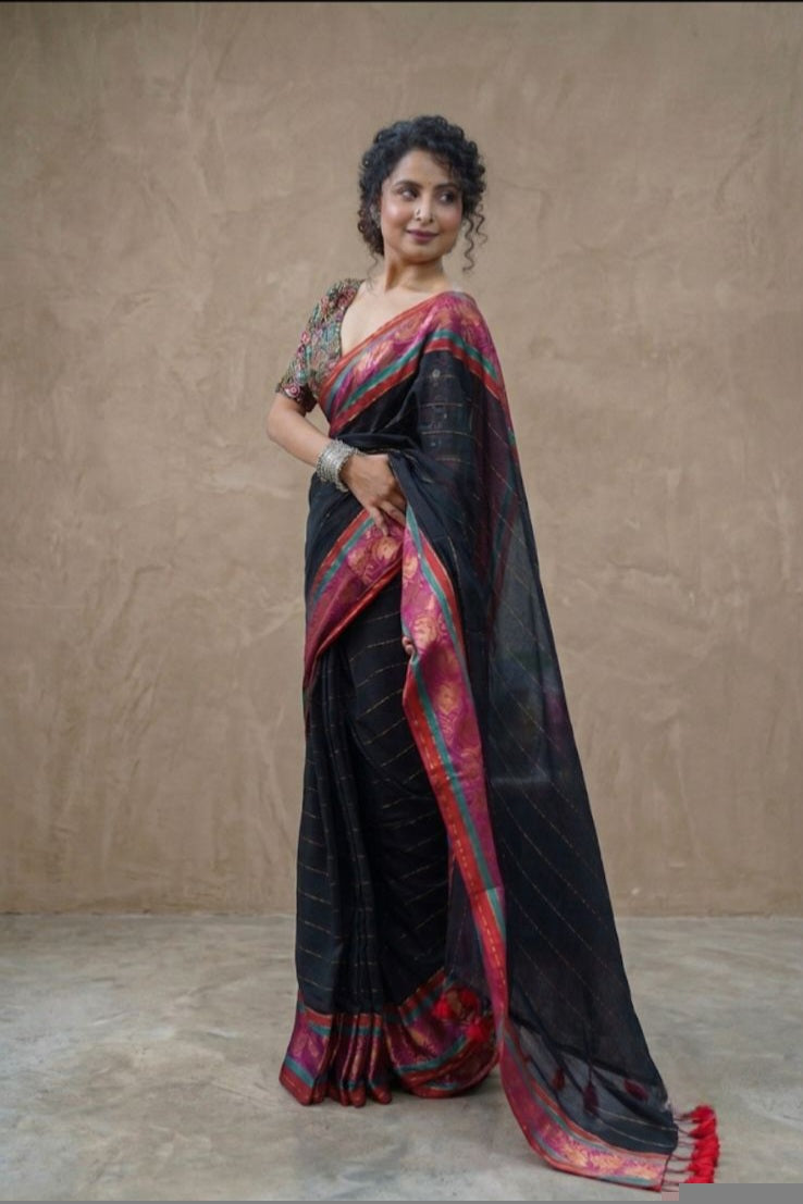 Black striped dark pink kanchi border  mulmul cotton saree