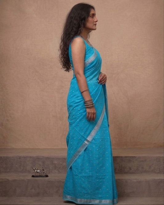 Turqoise blue organic linen jamdani saree