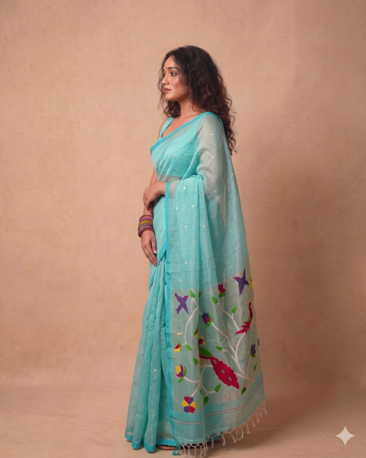 Turqoise blue handspun Resham Paithni Silk Saree