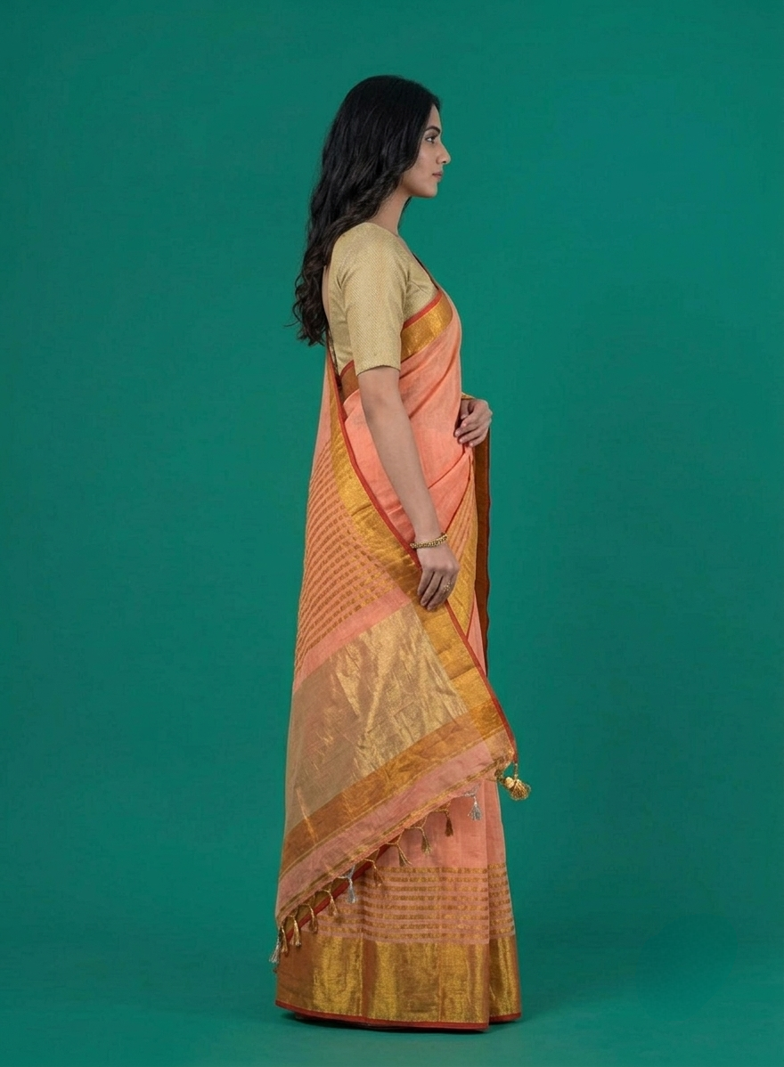 Peach broad zari border Linen Saree