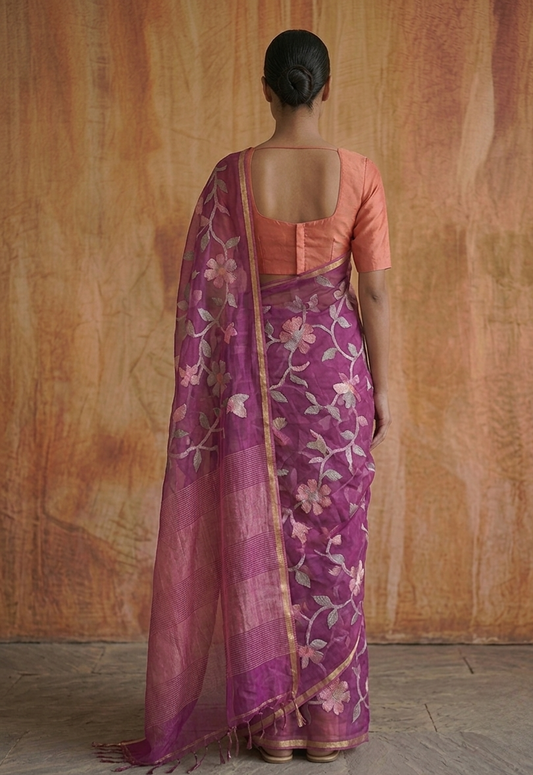 Rani pink all over jamdani resham silk saree