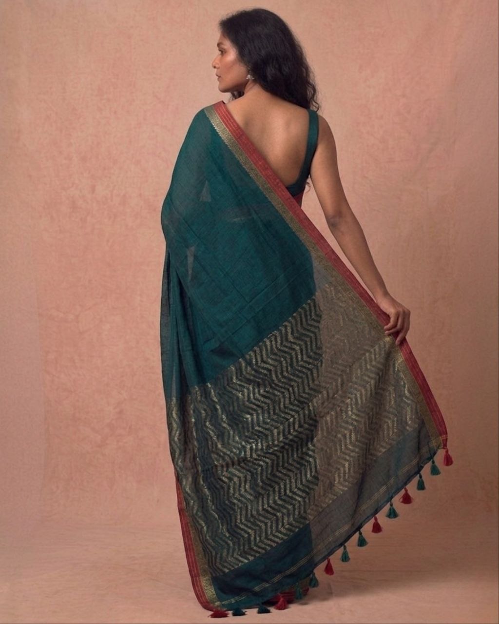 Teal green organic cotton linen saree