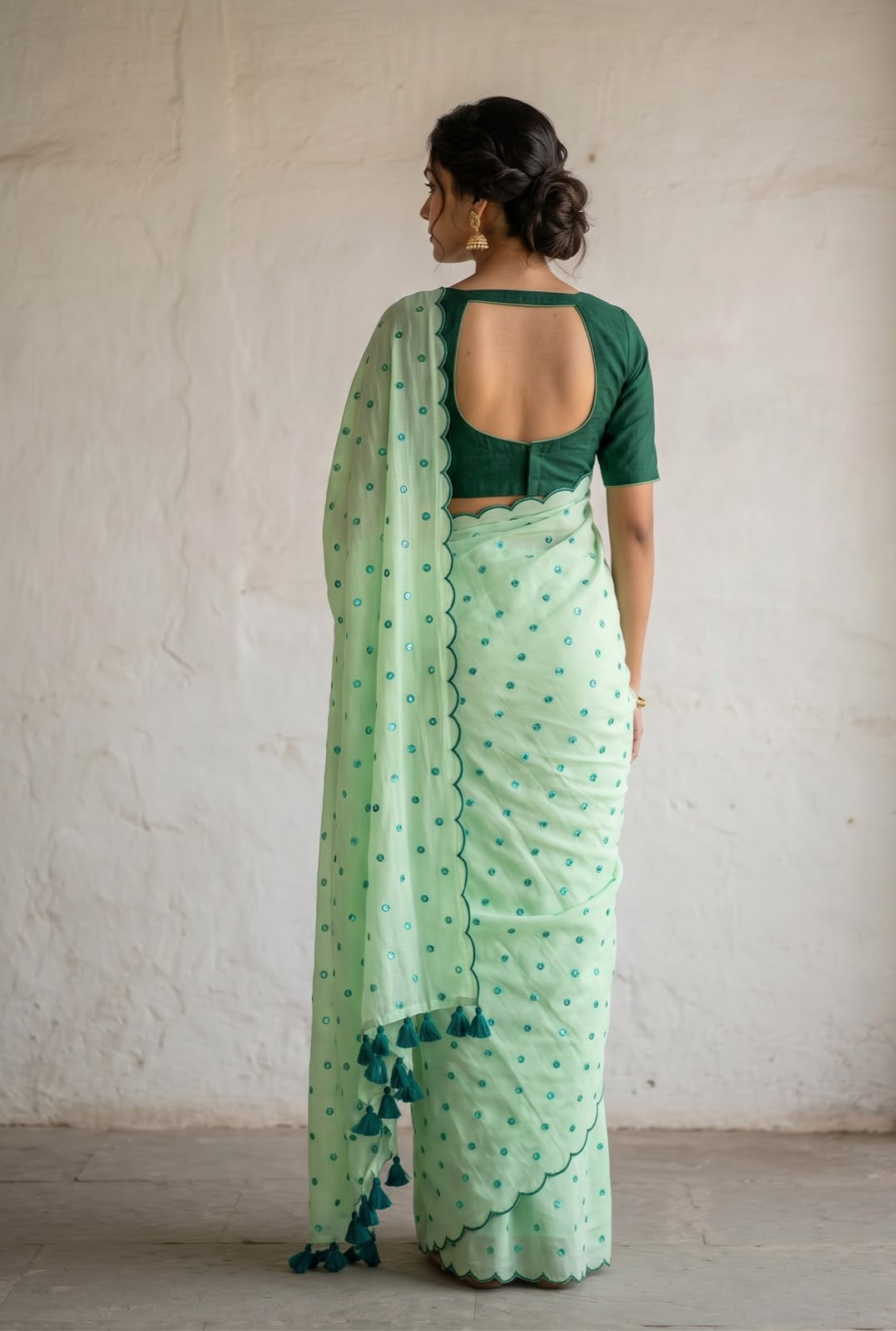Mint green scallop Border Mirror Work Saree