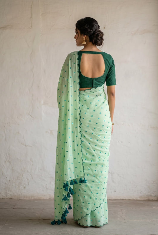 Mint green scallop Border Mirror Work Saree