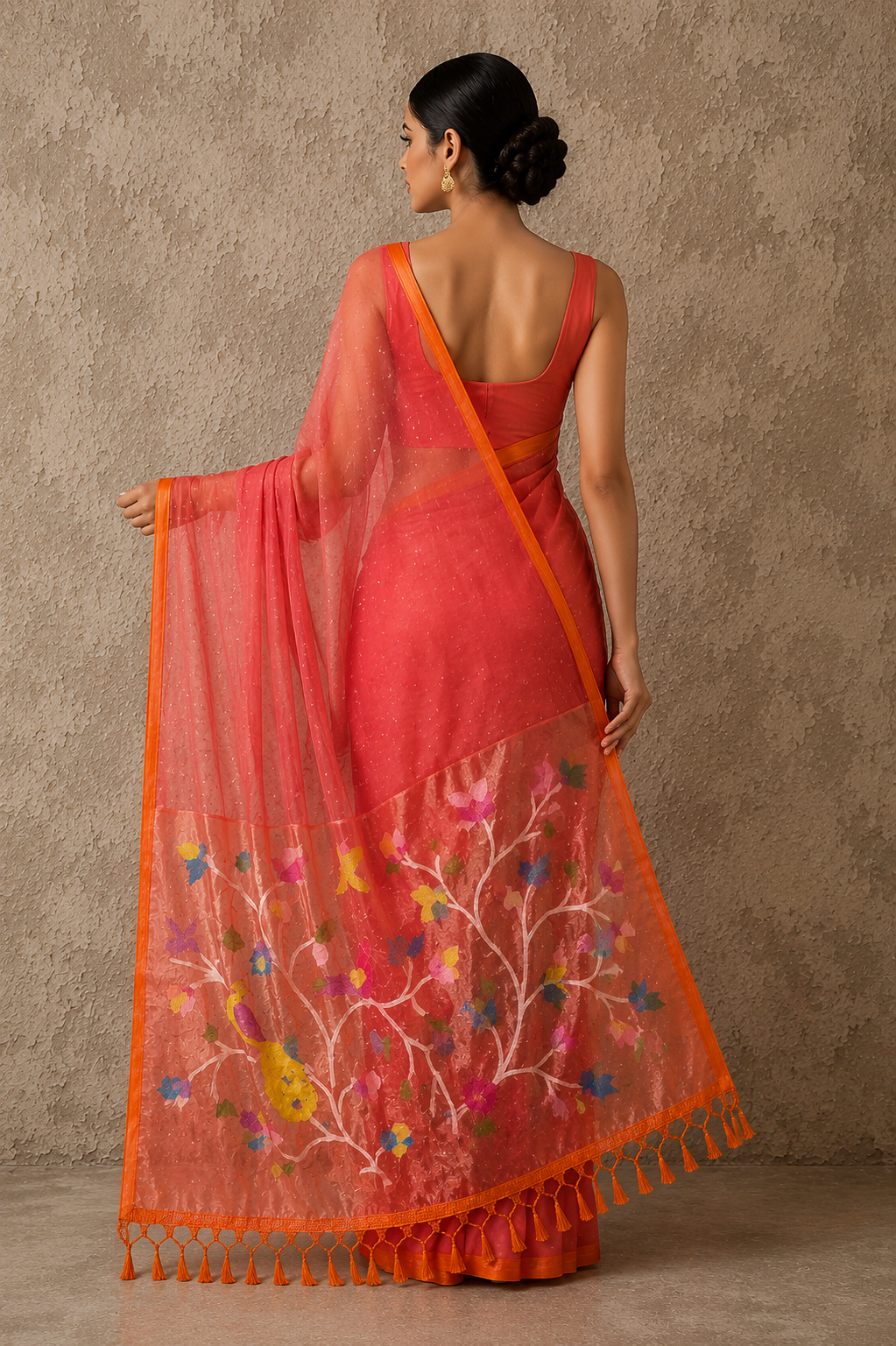 Handspun peach resham mulberry silk saree