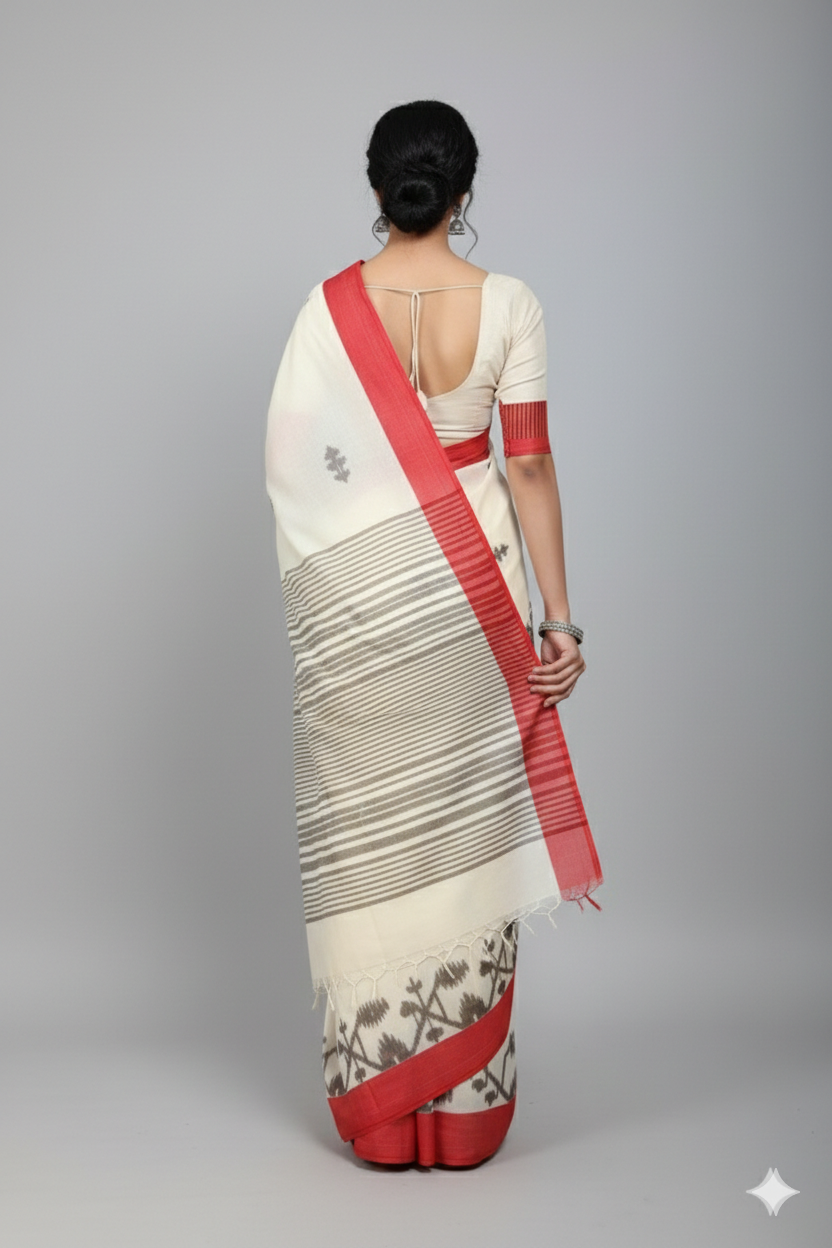 White and red border handloom cotton jamdani