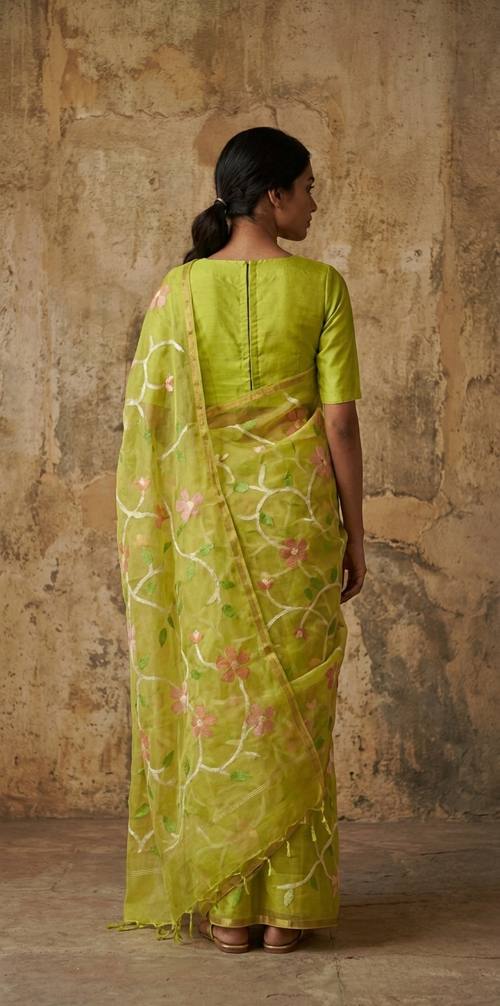 Lime green all over jamdani handwoven resham Silk saree