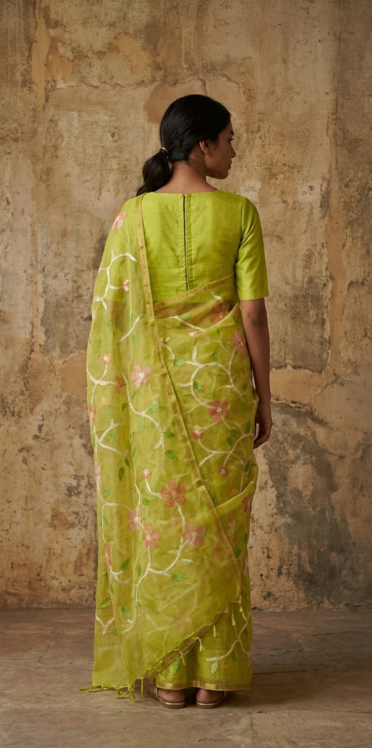 Lime green all over jamdani handwoven resham Silk saree