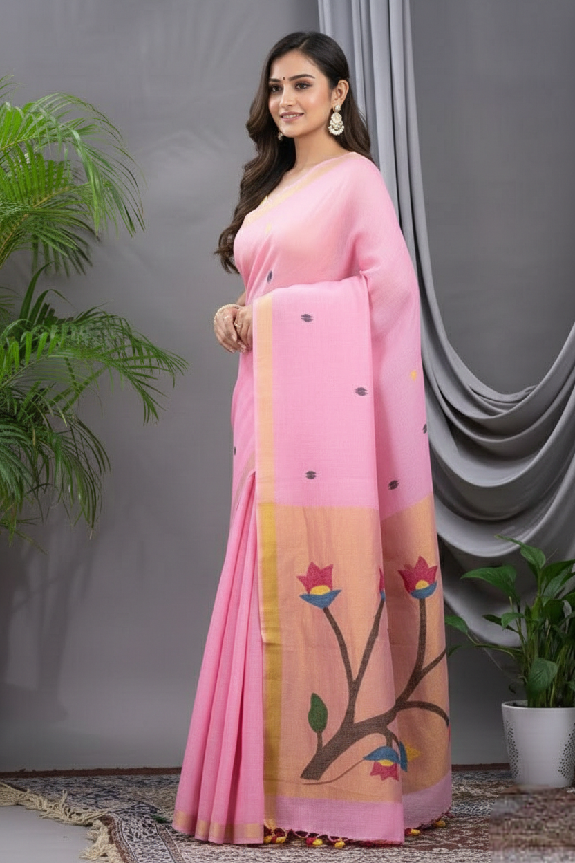 Baby pink linen Silk Jamdani