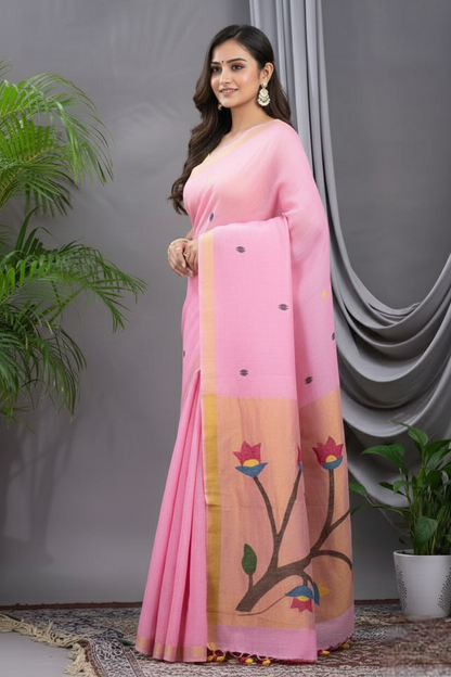 Baby pink linen Silk Jamdani