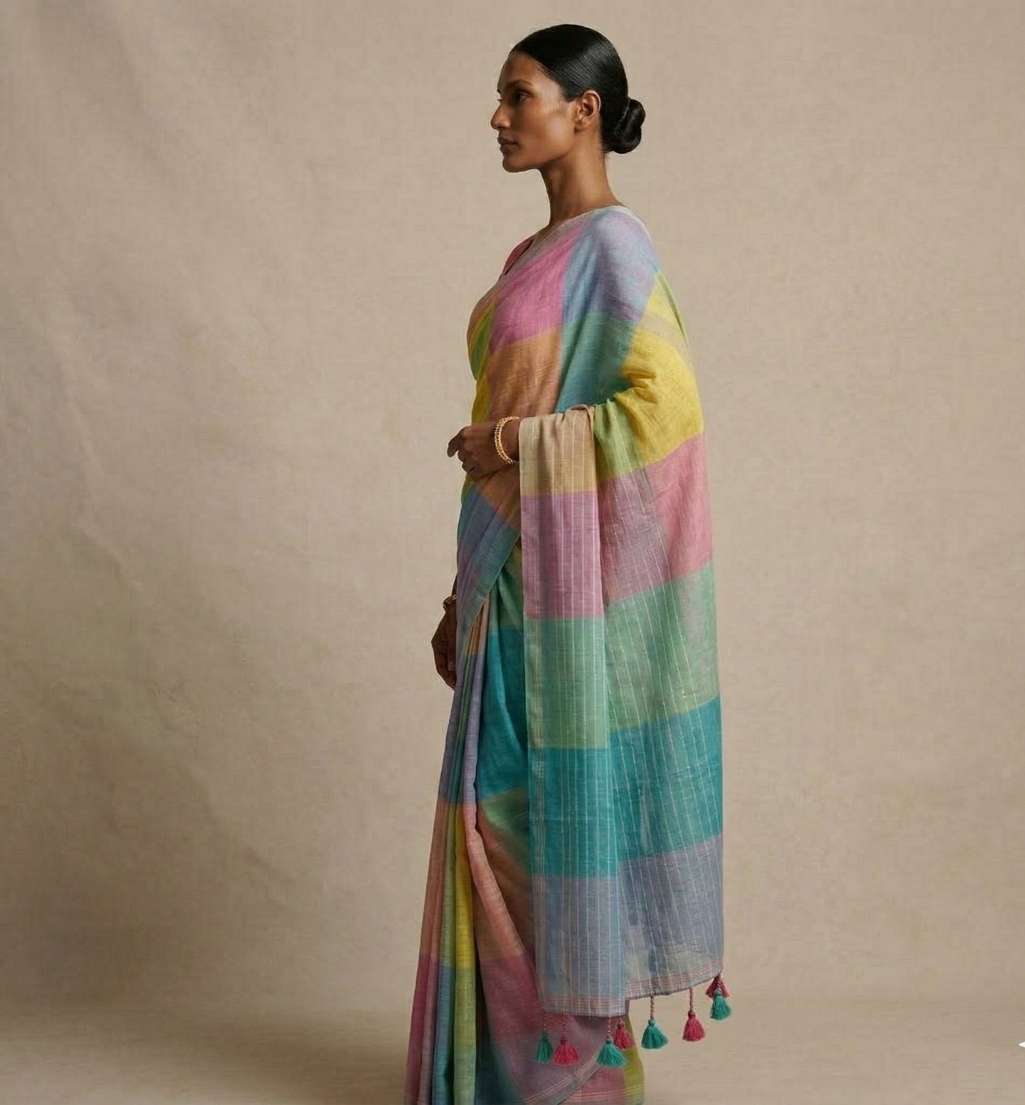 Multi colour check mulmul cotton saree