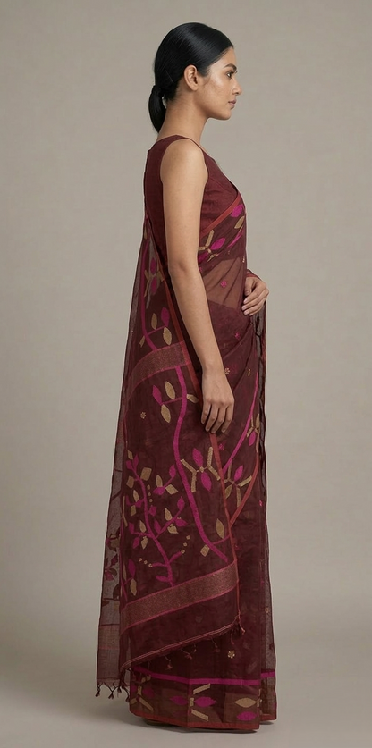 Brown jamdani woven Resham Silk