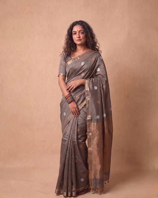Tissue Tussar Saree in Deep Grey with Zari Border & Tassels