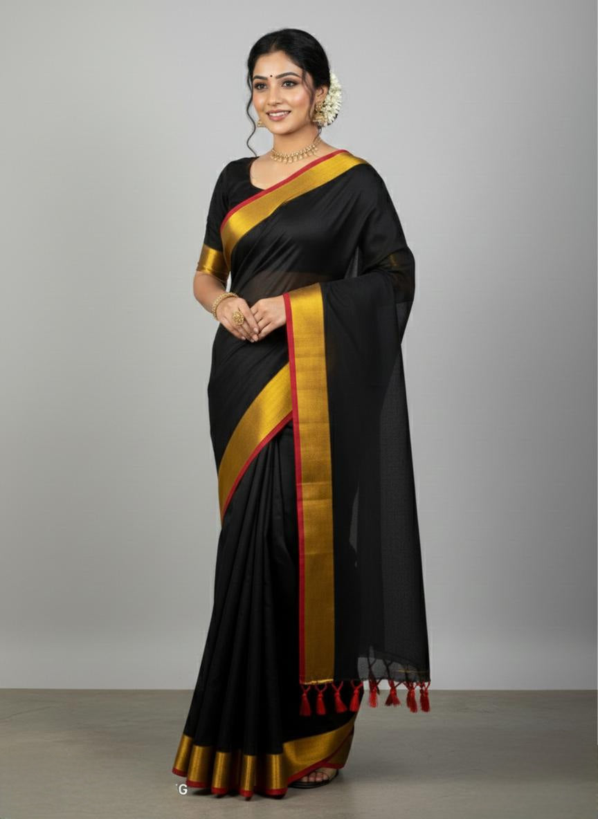 Black mulmul cotton saree