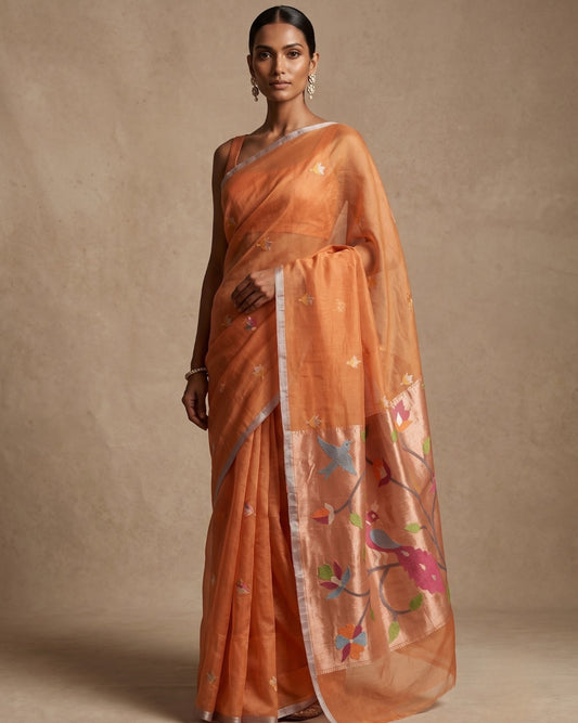 Orange handspun resham silk saree