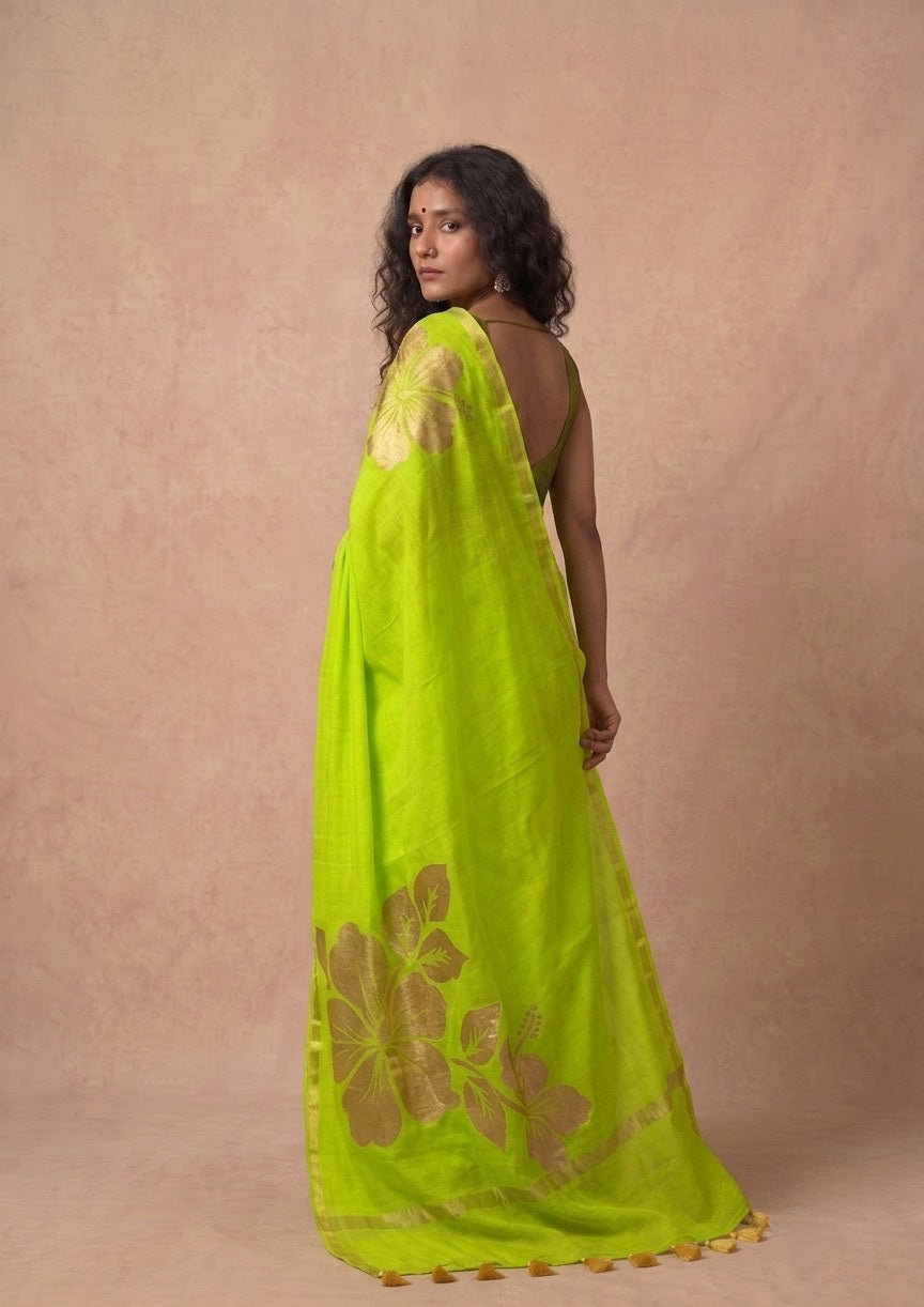 Golden flower parrot green mulmul cotton saree