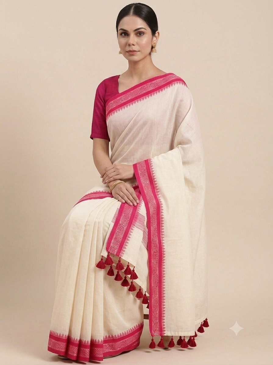 Red naksha border offwhite mul cotton saree