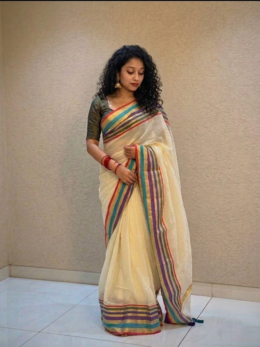 Off white mulmul cotton saree multi border