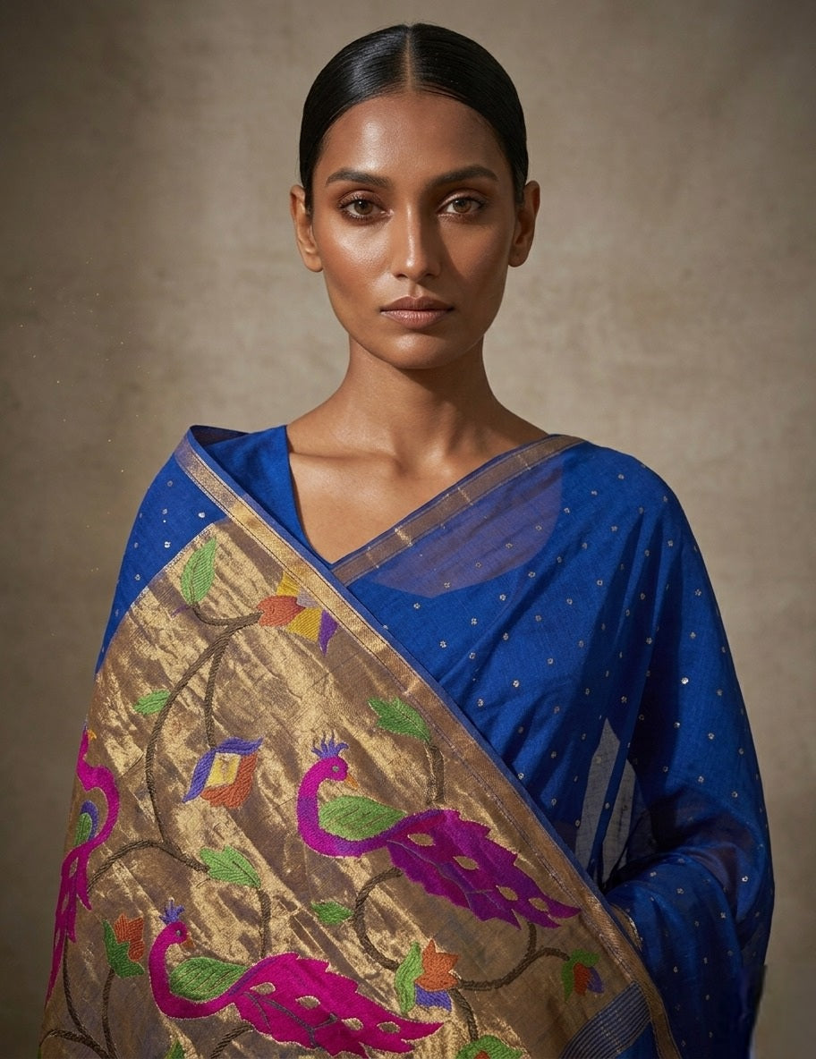 Handspun royal blue paithani resham silk saree