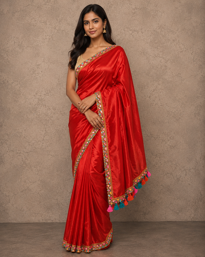 Zari border tomato red tissue Cotton saree