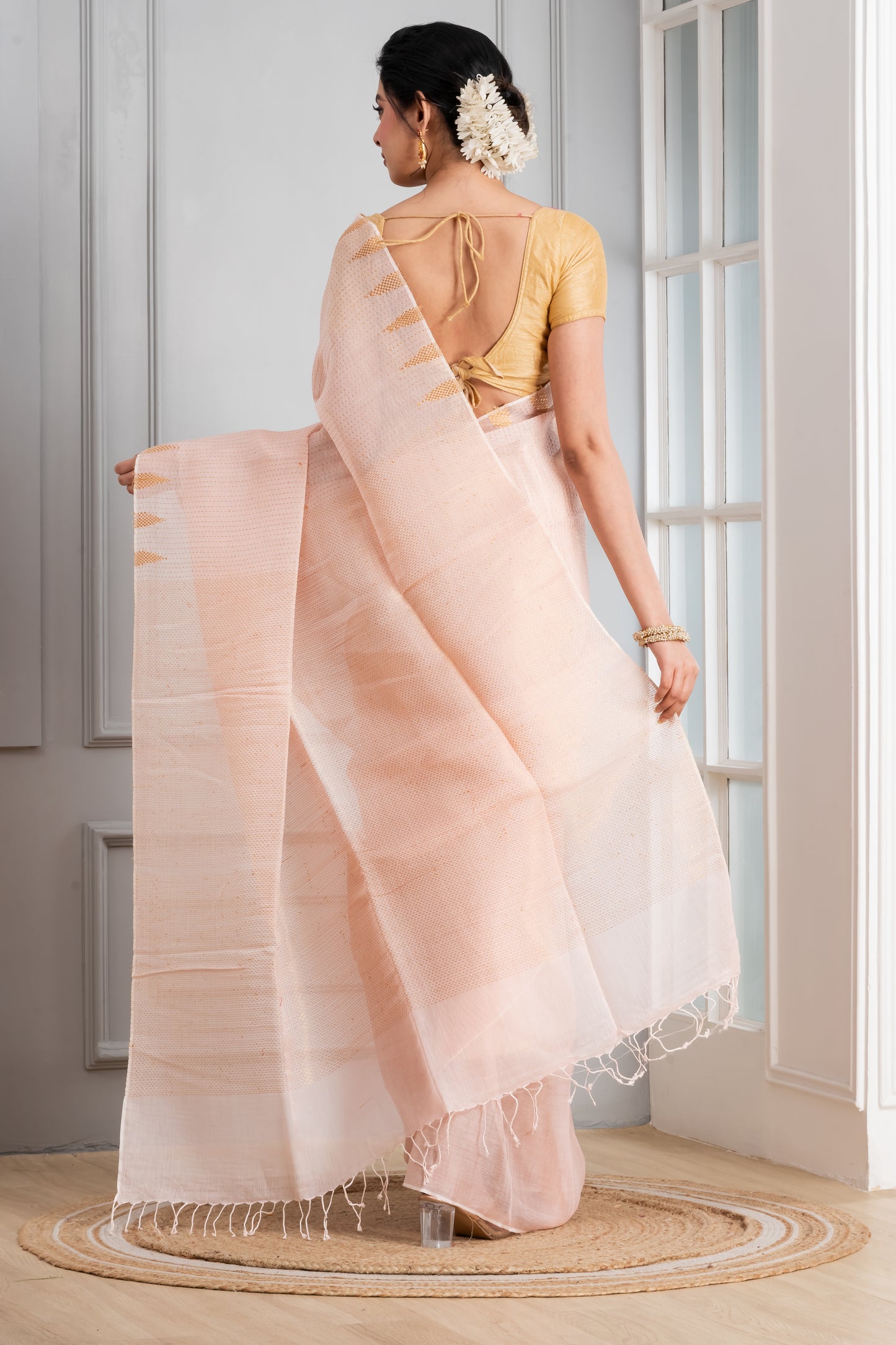 Light pink Temple Silk Linen Saree
