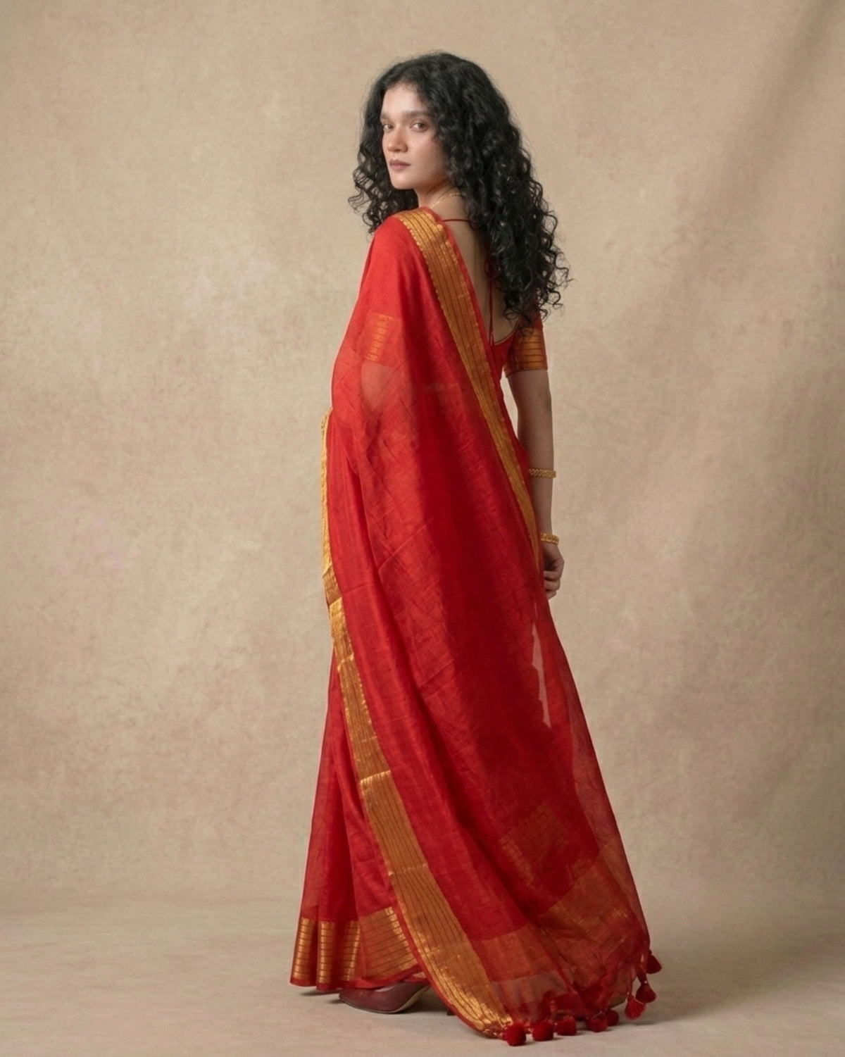 Red mul cotton saree golden striped border