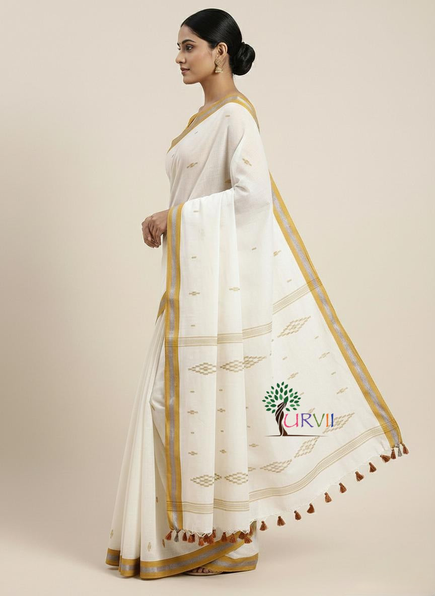Offwhite mulmul cotton saree