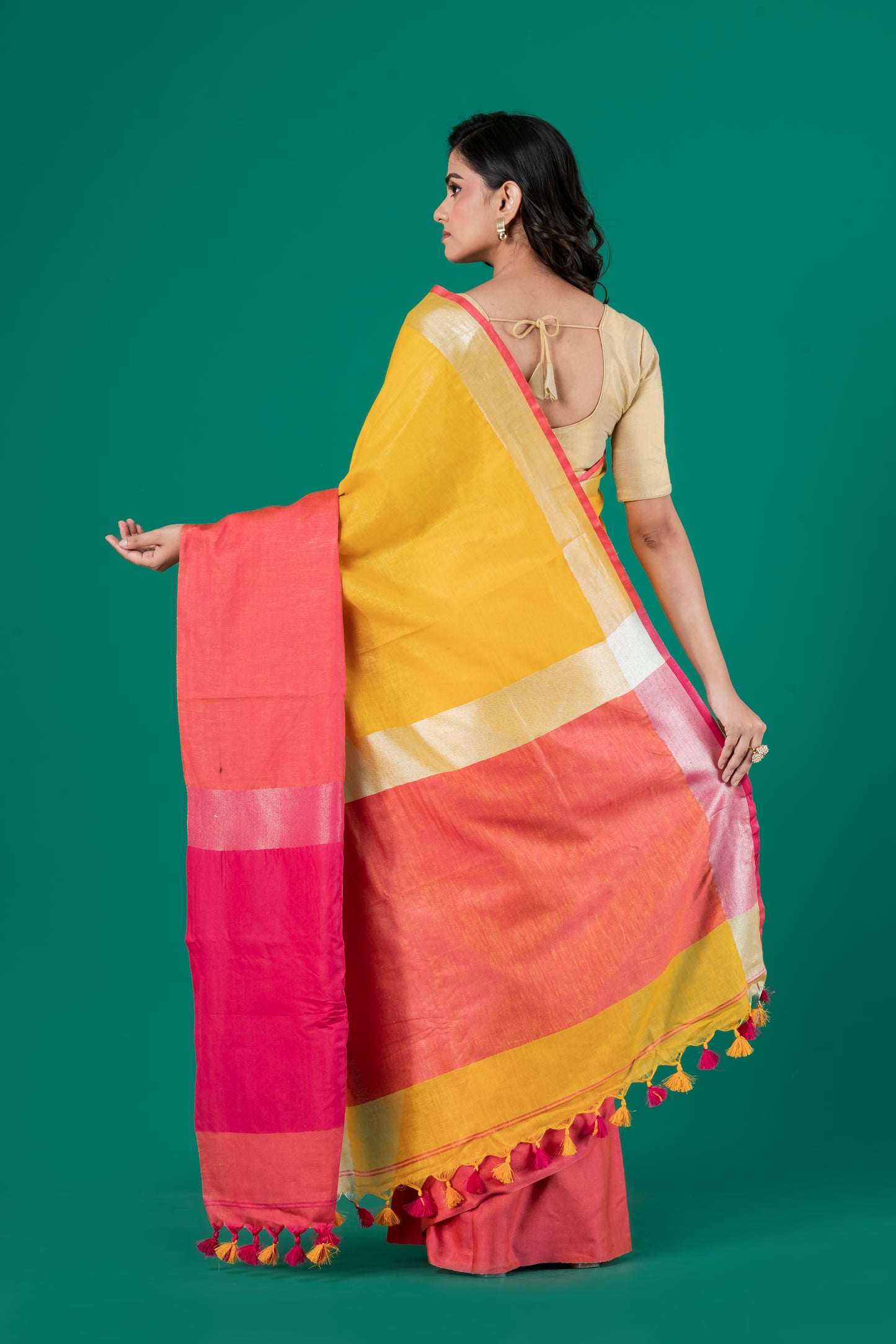 Yellow & dark pink pure linen saree