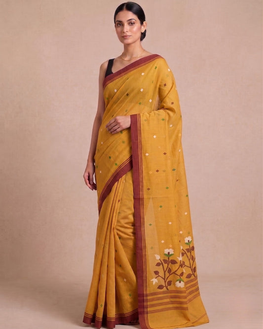 Mustard handloom cotton jamdani saree