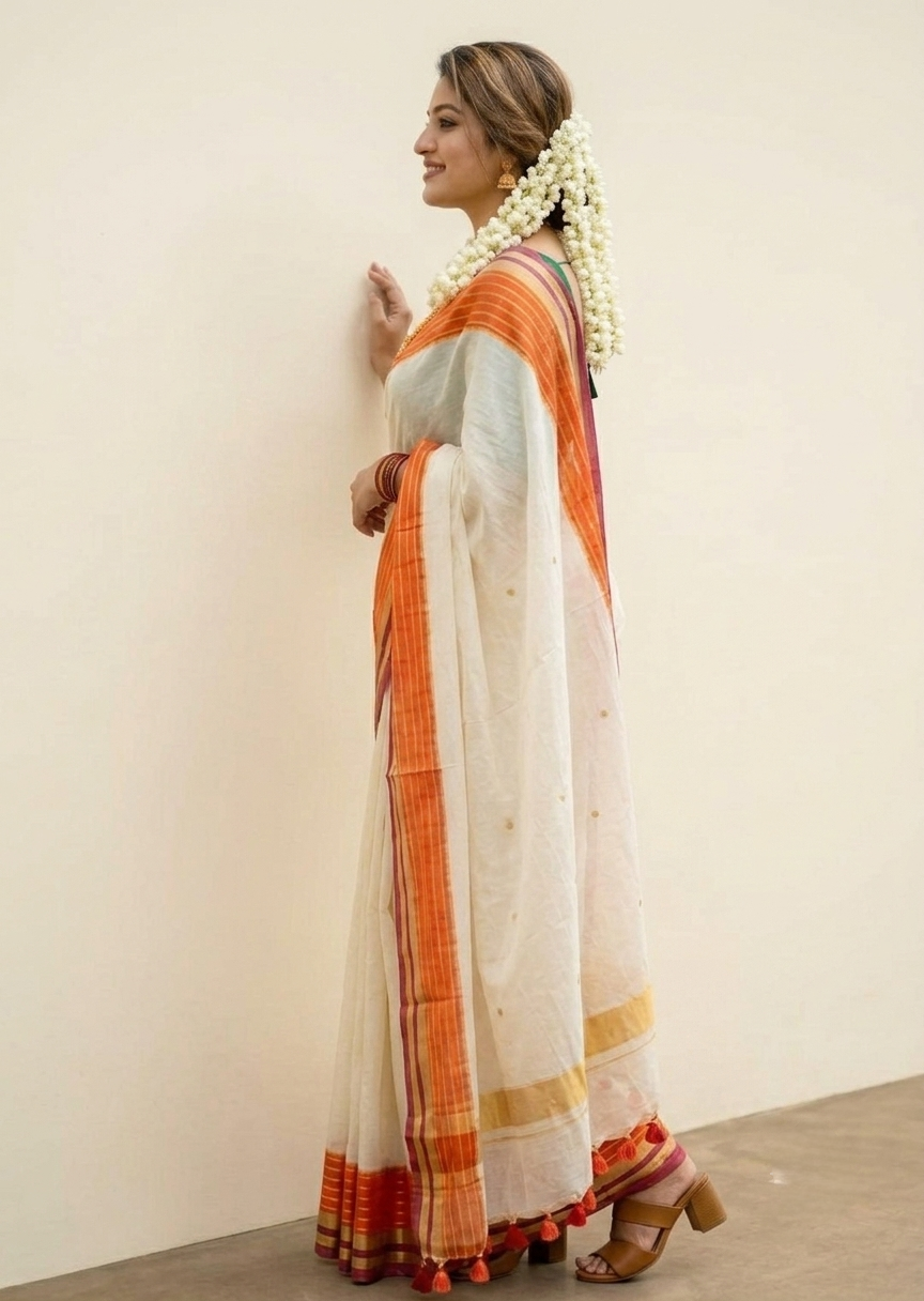 Off white mulmul cotton saree orange border