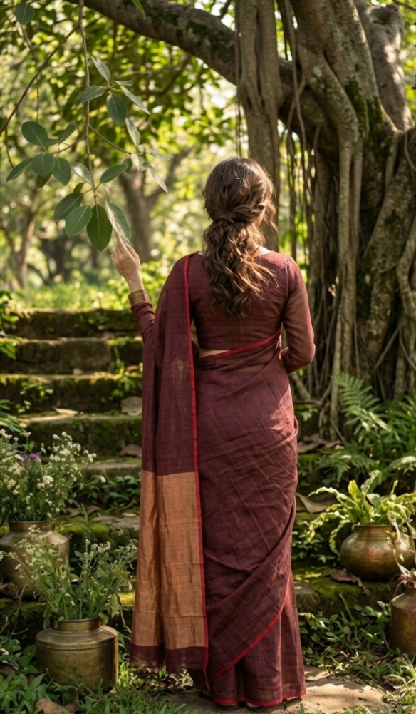 Maroon pure Linen Saree