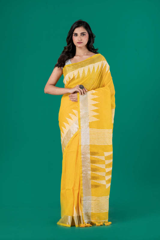 Bright yellow linen saree temple borders