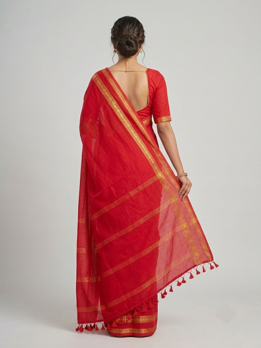 Classic red Handloom Cotton Saree with Zari Kanchi Border
