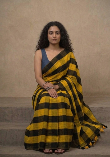 Yellow n black striped mulmul cotton saree