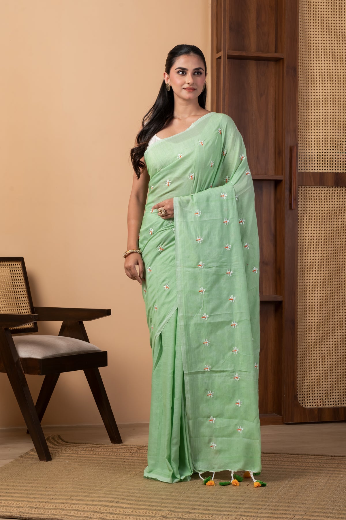 Mint Green Handloom Saree with Delicate Floral Embroidery