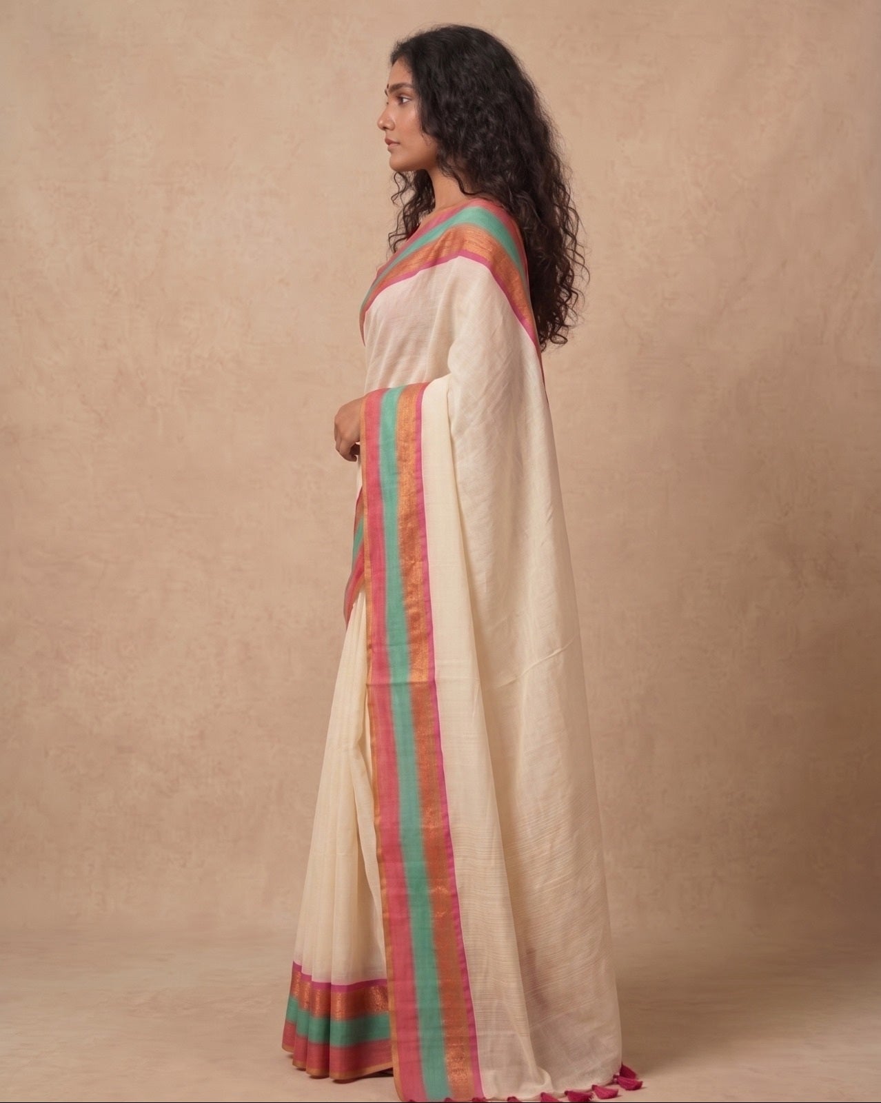 Off white triple zari border mulmul saree
