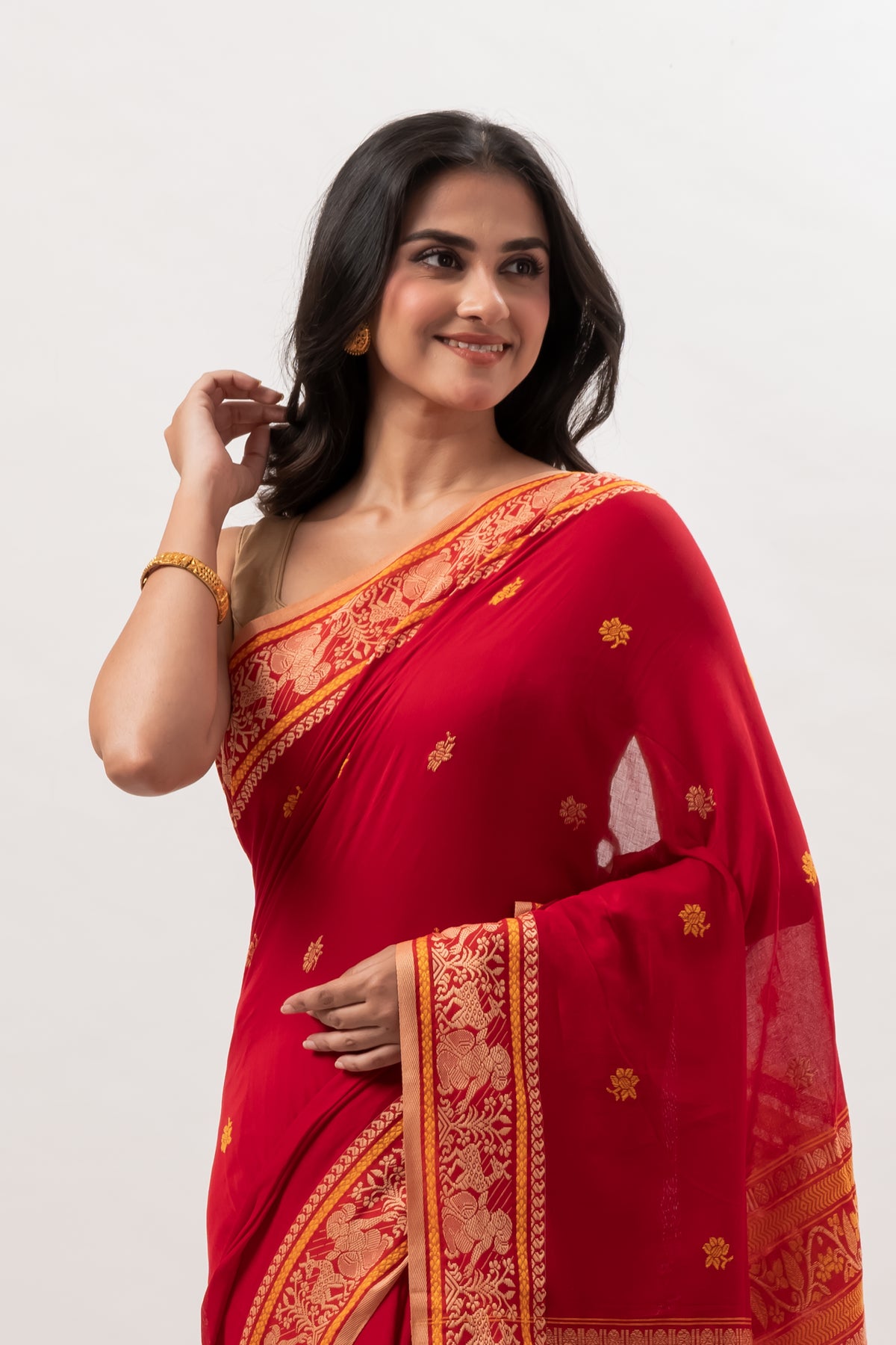 Authentic Bengal Crimson Red Cotton Baluchari Saree