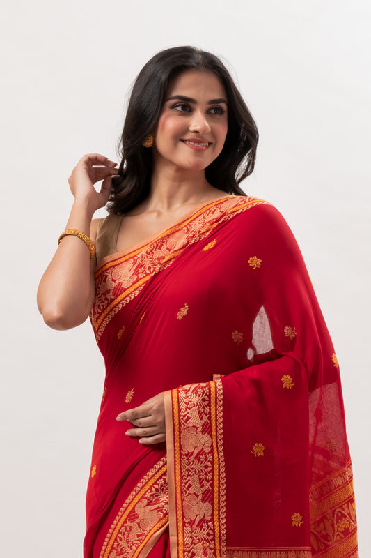 Authentic Bengal Crimson Red Cotton Baluchari Saree