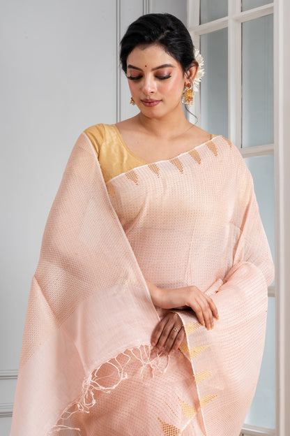Light pink Temple Silk Linen Saree