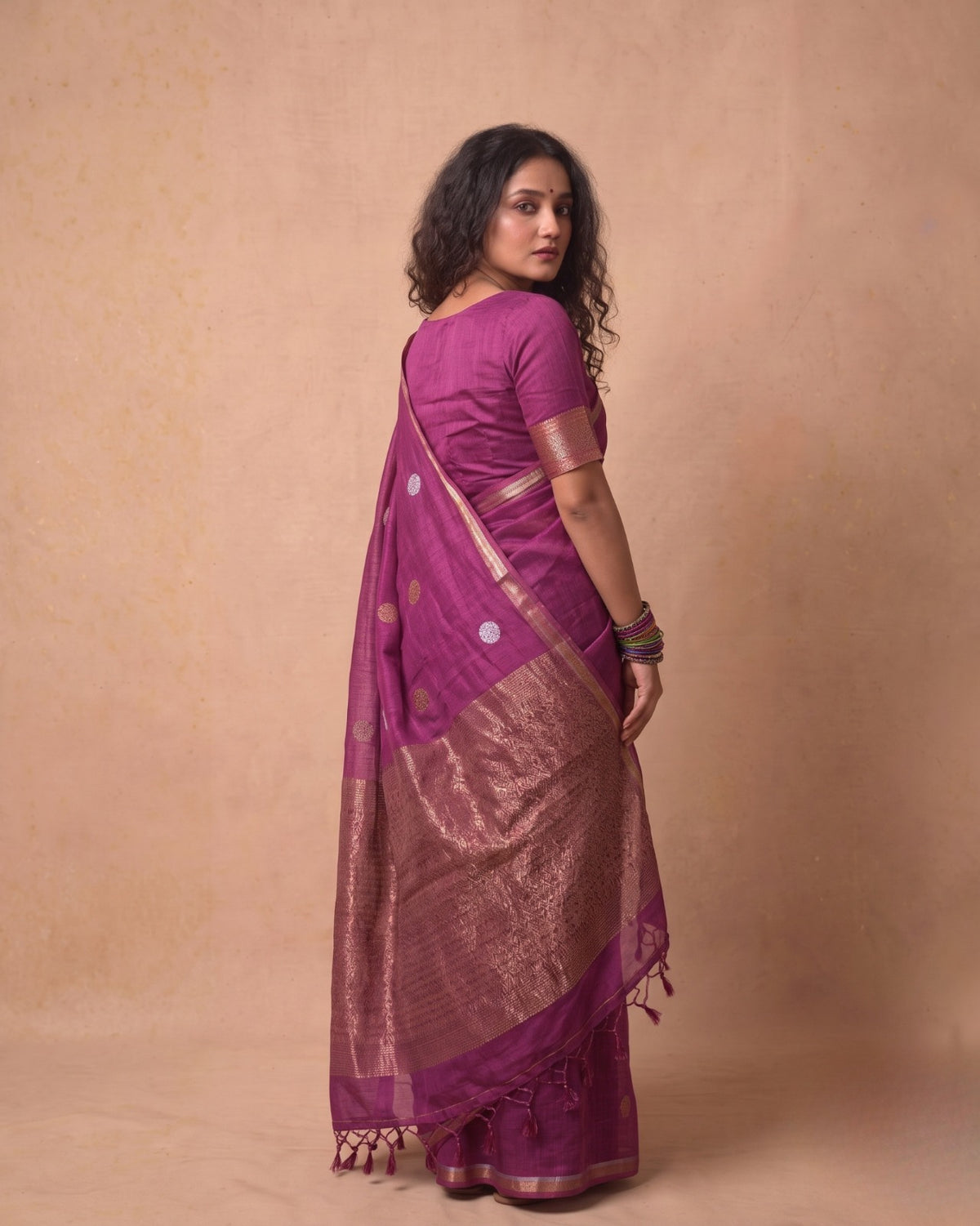 Tissue Tussar Saree in Deep Magenta with Zari Border & Tassels
