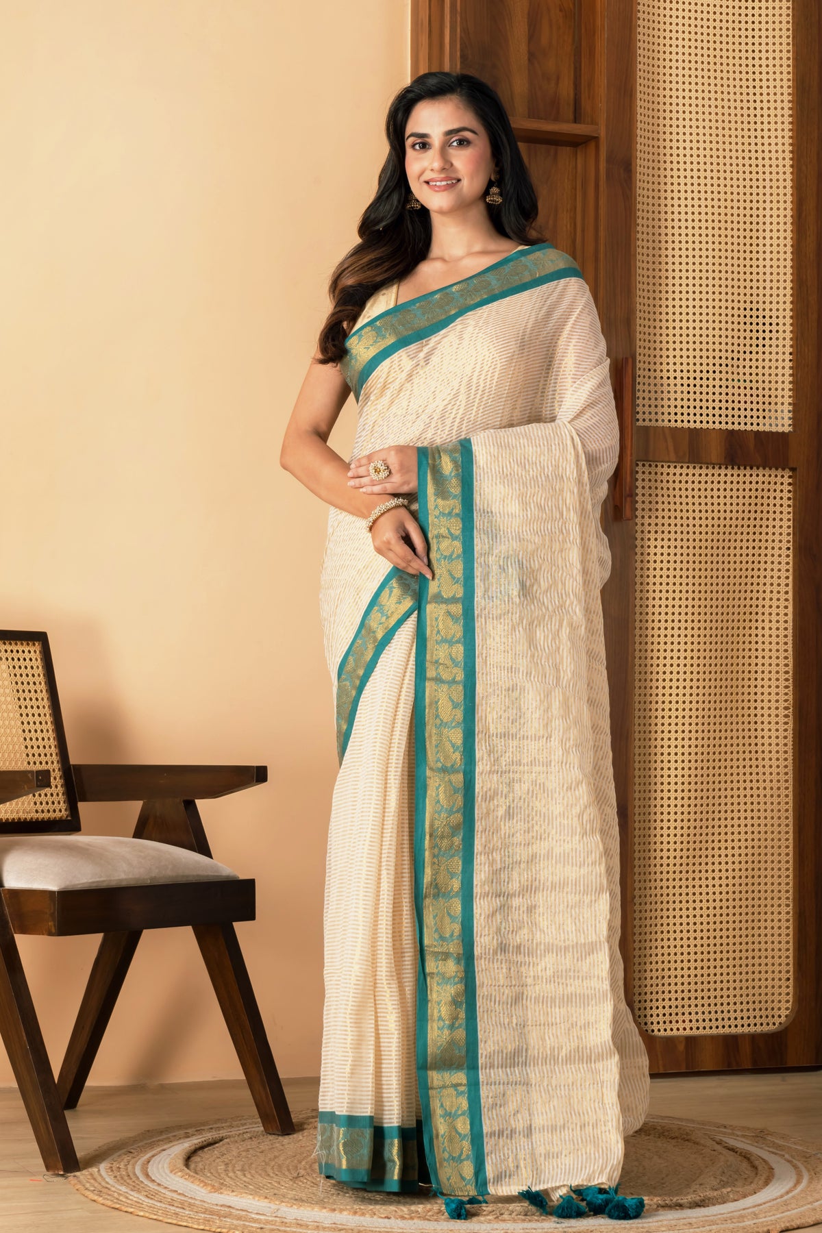 Zari striped pure tissue mul cotton saree  Rama green border