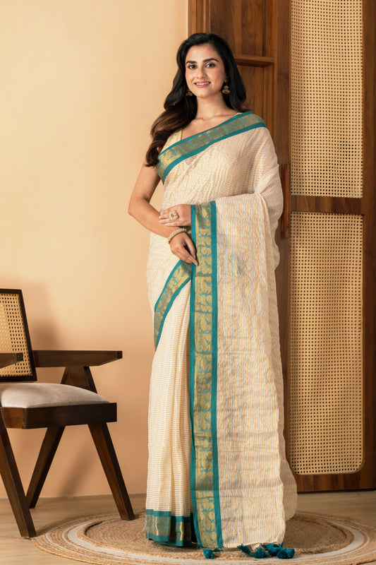 Zari striped pure tissue mul cotton saree  Rama green border