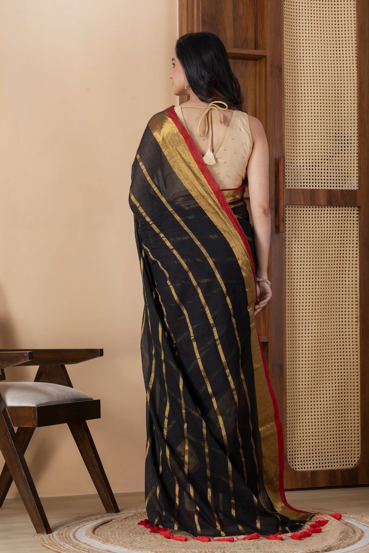 Black & Gold Zari Striped Mul Cotton Saree