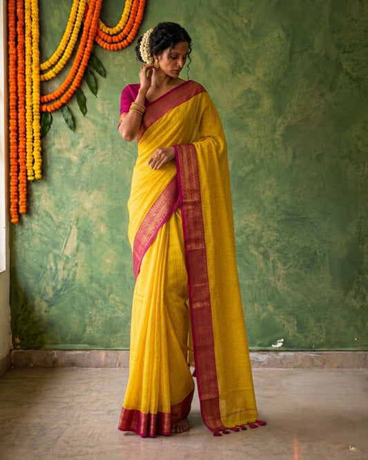 Yellow striped pink kanchi border mulmul saree